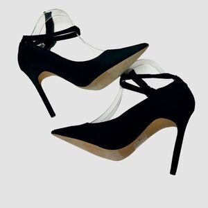 Express Black Fabric Faux Suede High Heels Ankle Strap Pointed Toe Stilettos